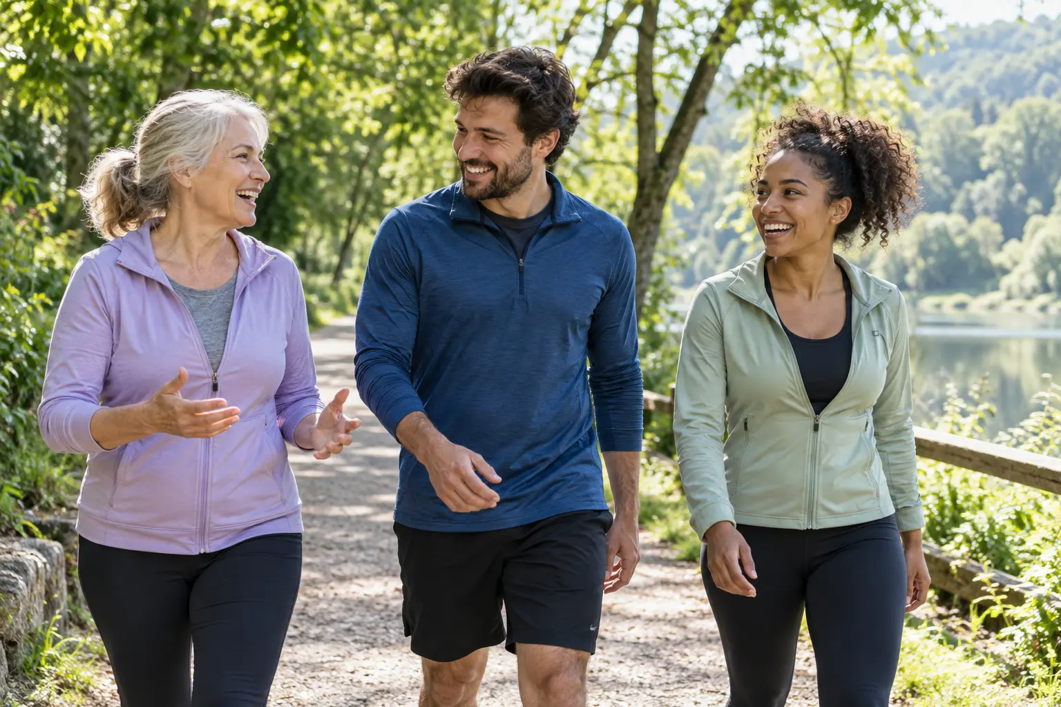 Friends enjoying an active walk · AI-generated illustrative imagery